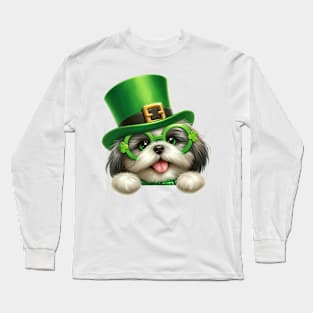 St Patricks Day Peeking Shih Tzu Dog Long Sleeve T-Shirt